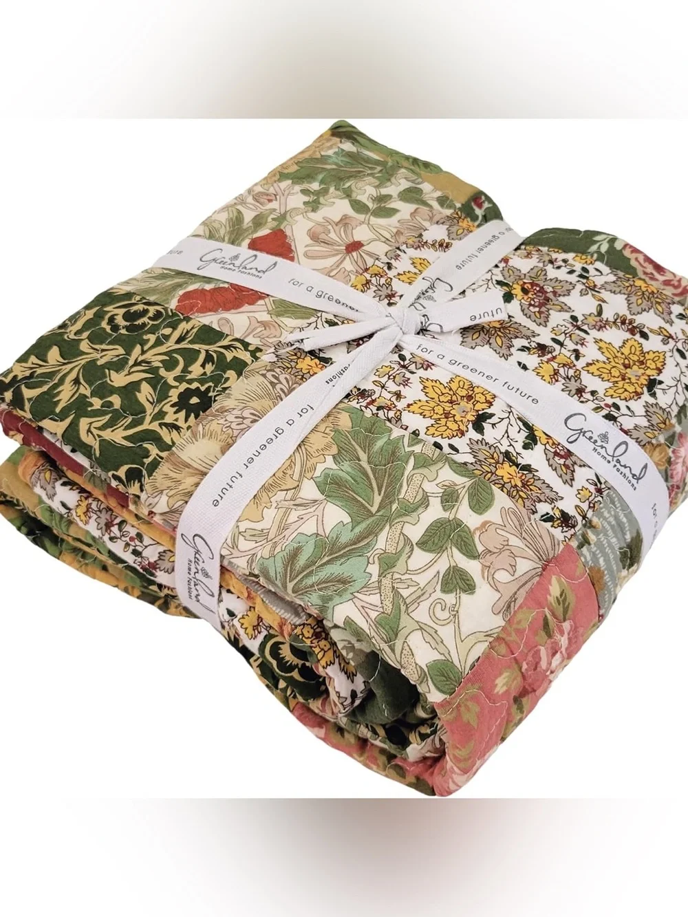Patchwork Floral Quilt Throw in Green and Burgundy - Unbranded